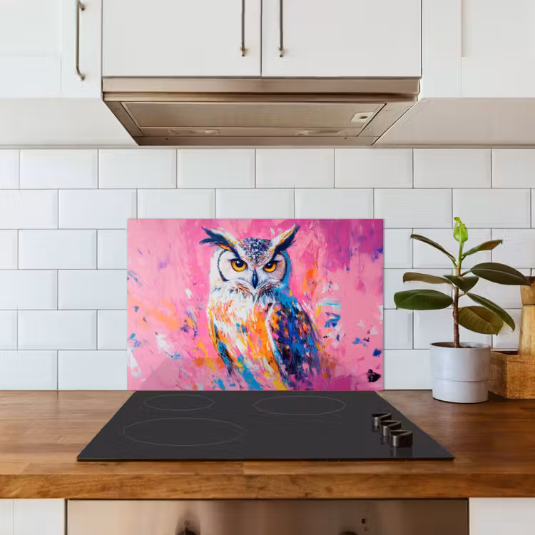 Spatscherm keuken - Uil - Roze - Blauw - Verf - Abstract — 6