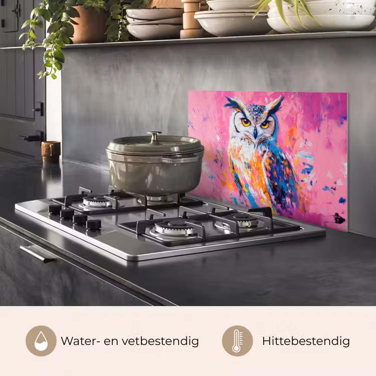 Spatscherm keuken - Uil - Roze - Blauw - Verf - Abstract — 7