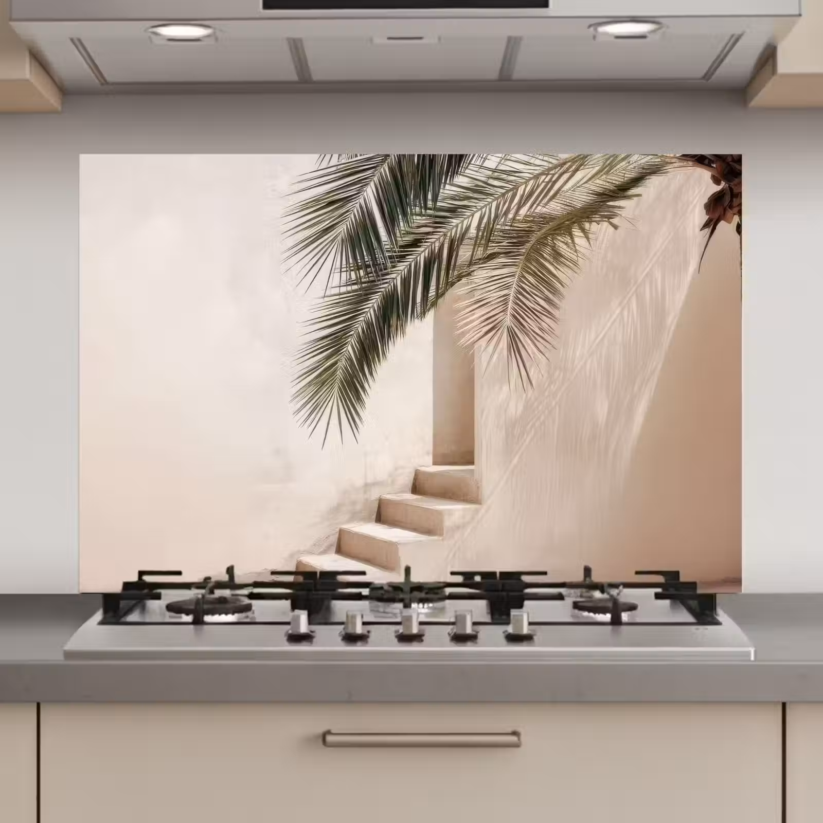 Spatscherm keuken - Palmboom - Schaduw - Trap - Beige — 1