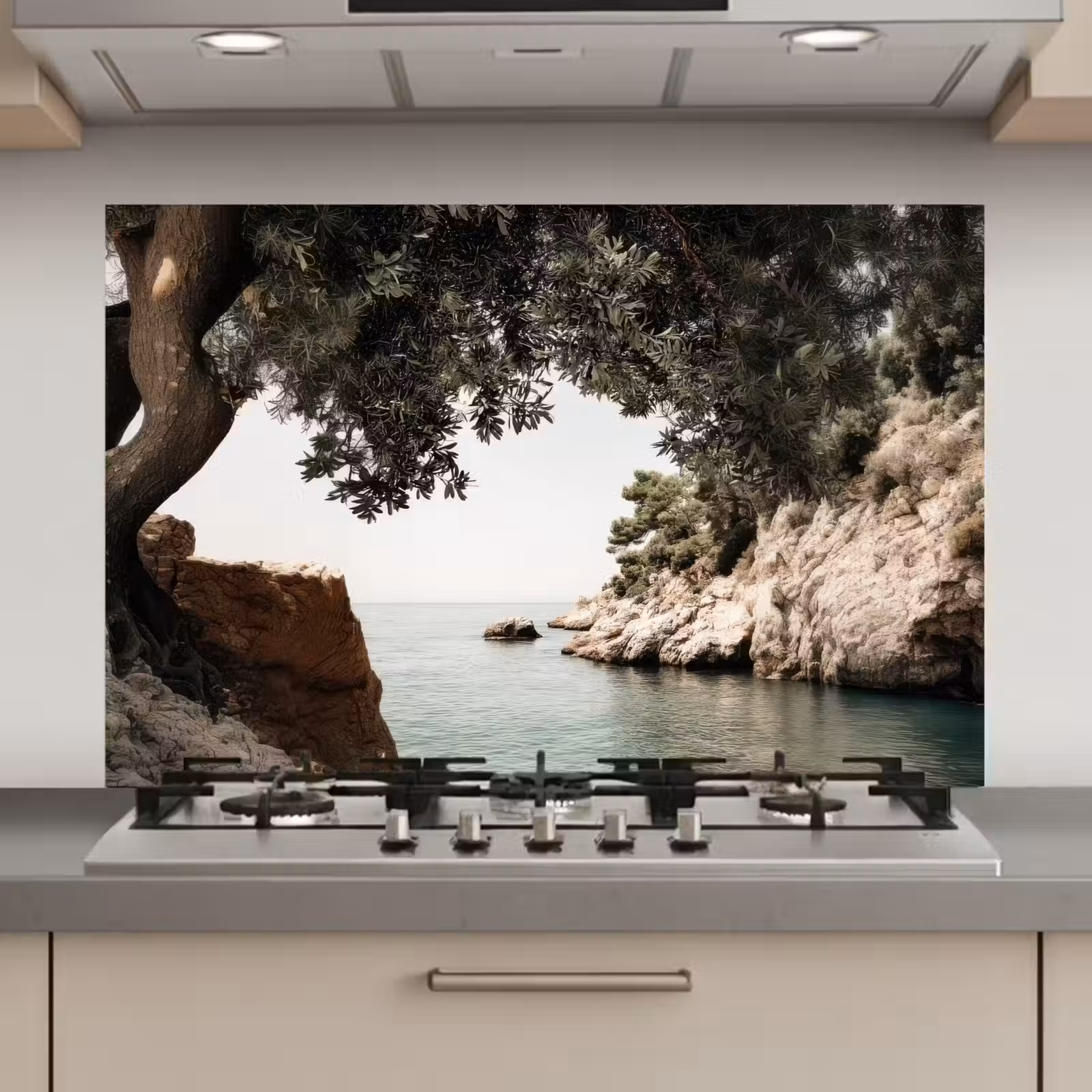Spatscherm keuken - Rotsen - Zee - Boom - Groen — 1