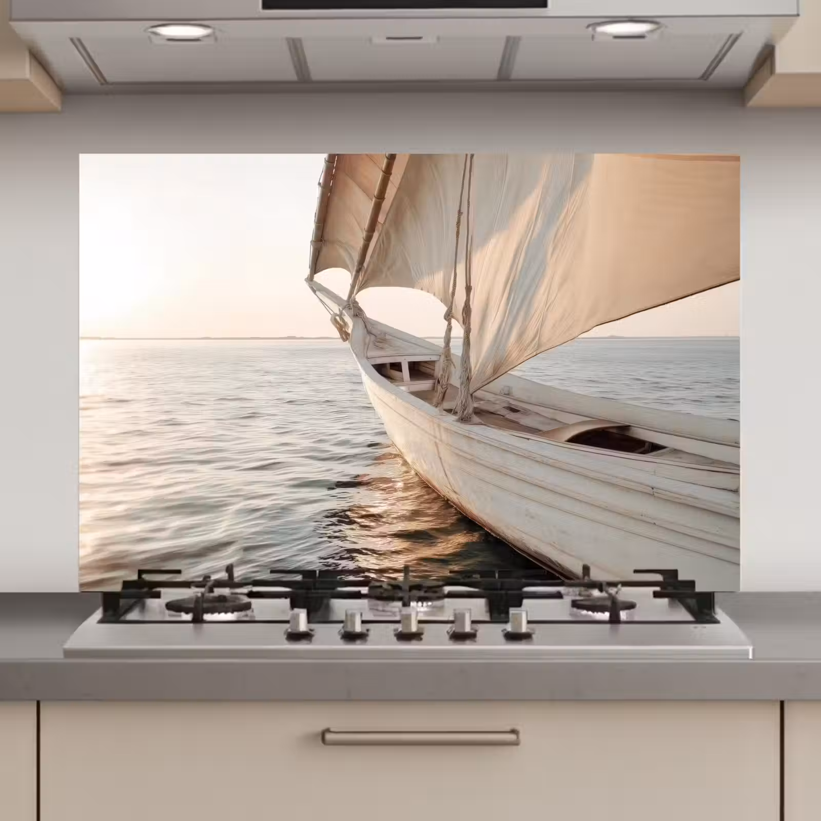 Spatscherm keuken - Zeilboot - Zee - Beige - Zon — 1