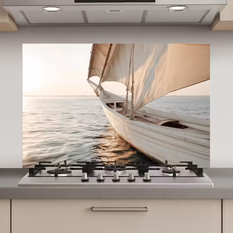 Spatscherm keuken - Zeilboot - Zee - Beige - Zon — 1