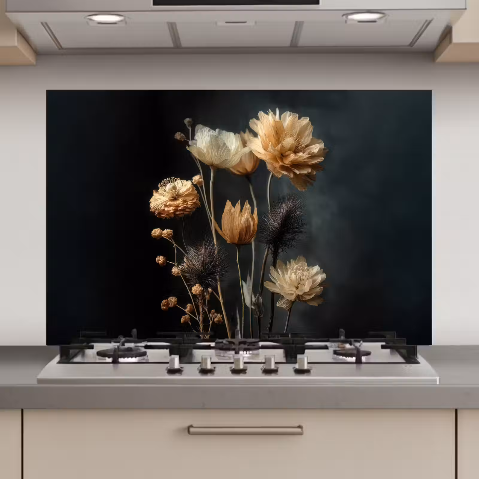Spatscherm keuken - Boeket - Bloemen - Licht - Zwart — 1