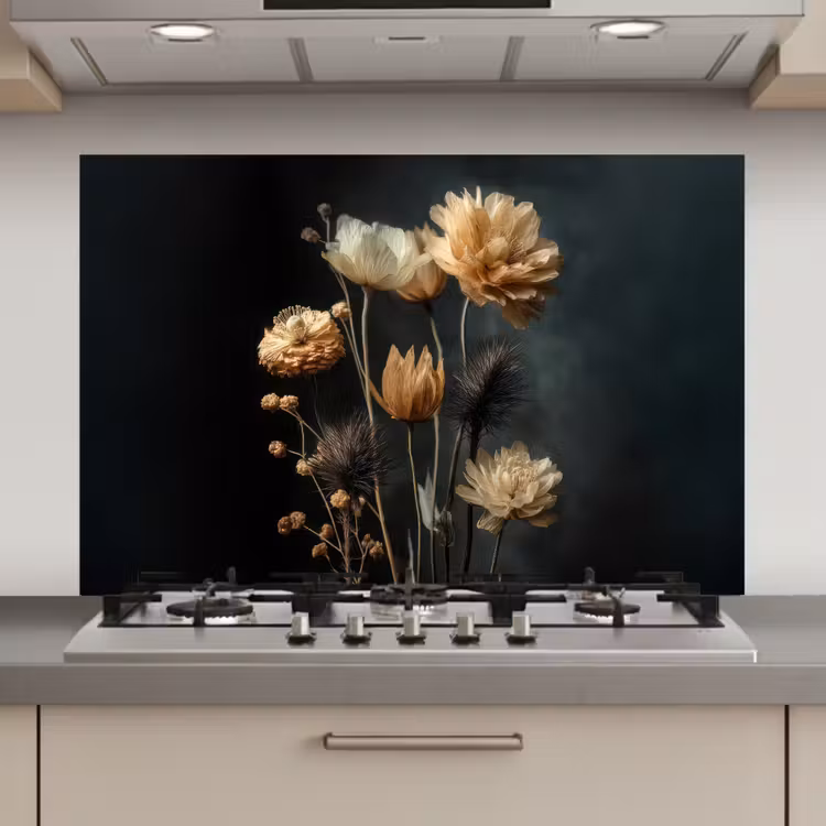 Spatscherm keuken - Boeket - Bloemen - Licht - Zwart — 1