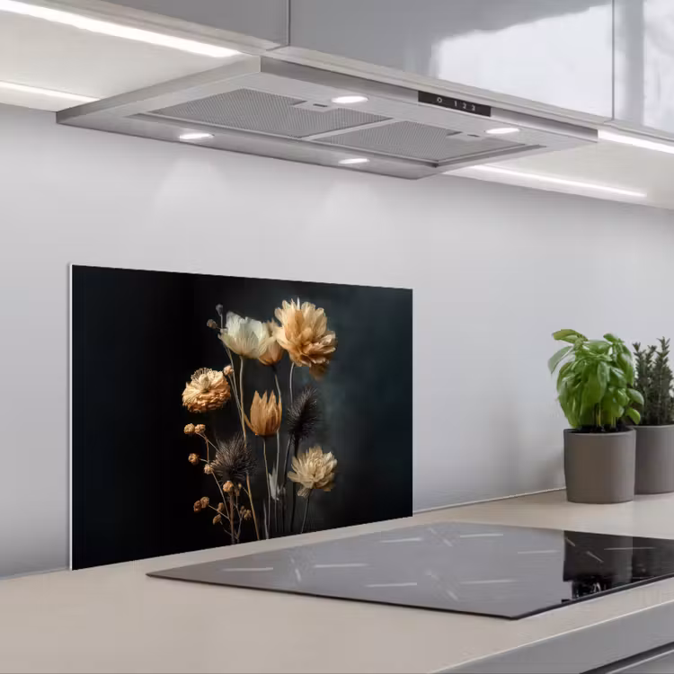 Spatscherm keuken - Boeket - Bloemen - Licht - Zwart — 5
