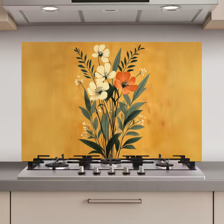 Spatscherm keuken - Bladeren - Boeket - Bloemen - Geel — 1
