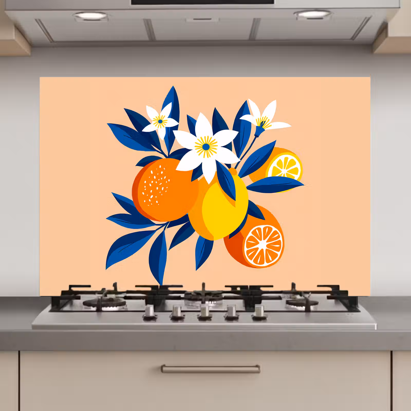 Spatscherm keuken - Illustratie - Sinaasappels - Donkerblauw - Bloemen — 1