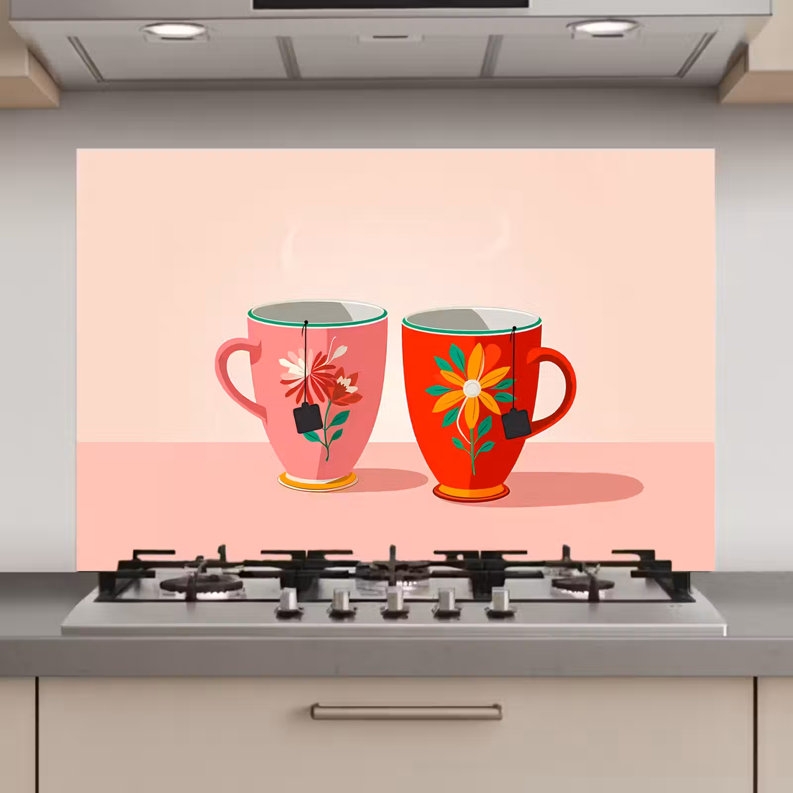 Spatscherm keuken - Theekopjes - Bloemmotieven - Roze - Theezakjes — 1