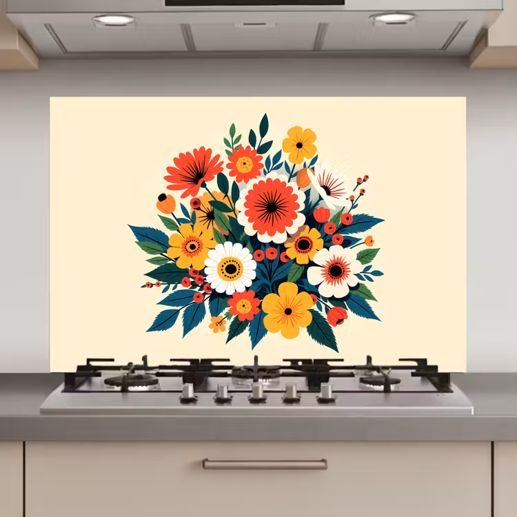 Spatscherm keuken - Boeket - Bladeren - Illustratie - Kleurrijk — 1
