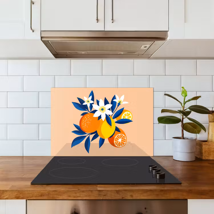 Spatscherm keuken - Illustratie - Sinaasappels - Donkerblauw - Bloemen — 6