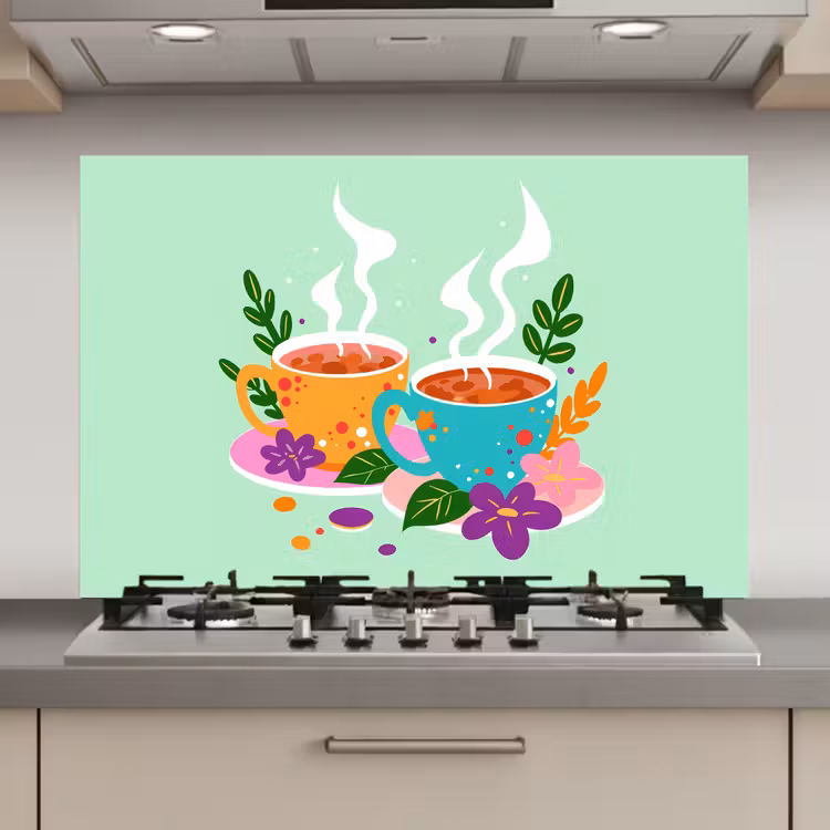 Spatscherm keuken - Thee - Illustratie - Kopjes - Bloemen — 1