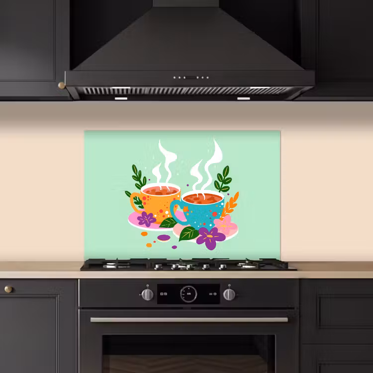 Spatscherm keuken - Thee - Illustratie - Kopjes - Bloemen — 2