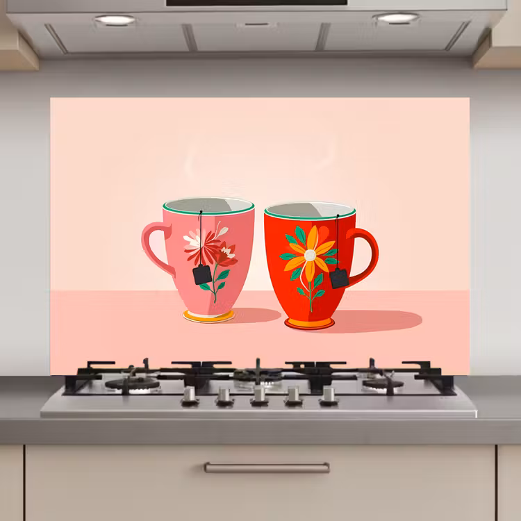 Spatscherm keuken - Theekopjes - Bloemmotieven - Roze - Theezakjes — 1