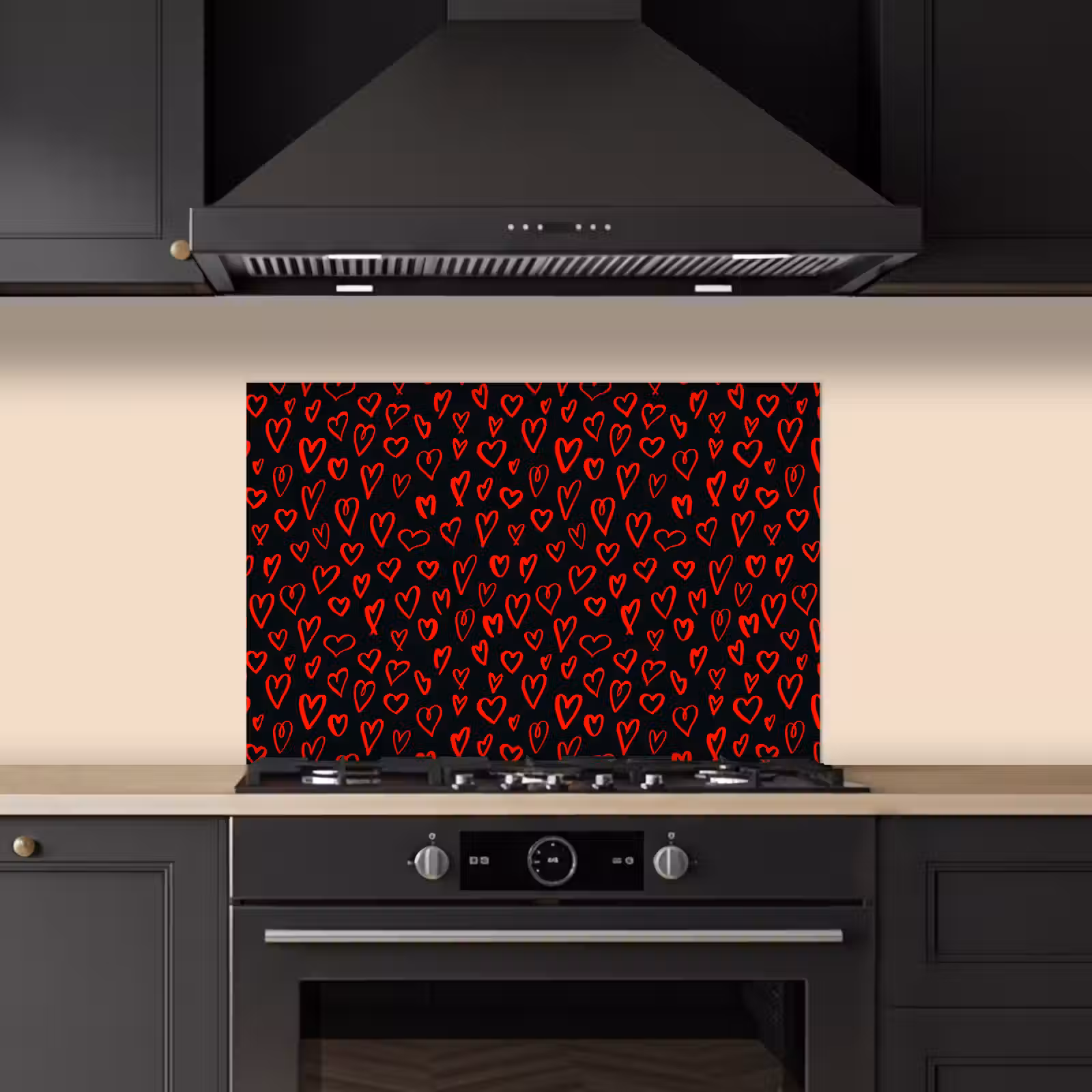 Spatscherm keuken - Zwart - Harten - Rood — 1