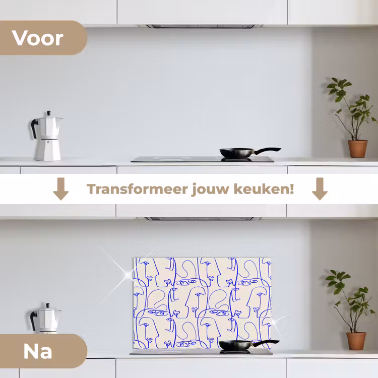 Spatscherm keuken - Gezicht - Blauw - Lijnen - Beige — 2