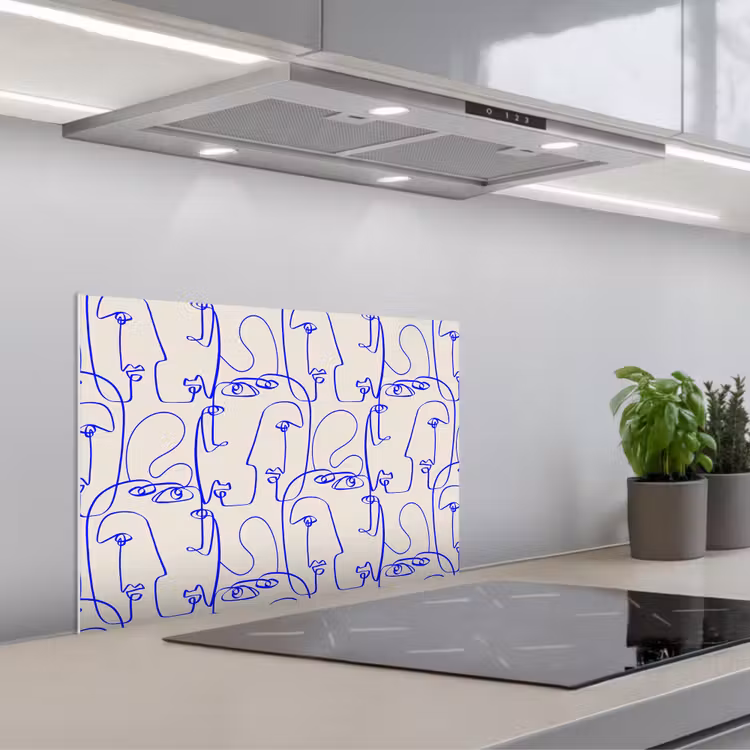 Spatscherm keuken - Gezicht - Blauw - Lijnen - Beige — 4