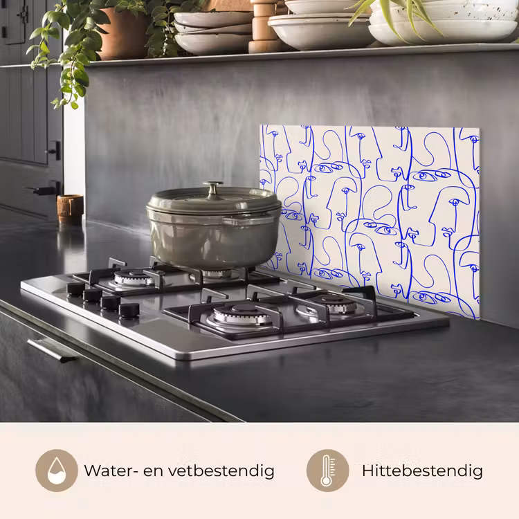 Spatscherm keuken - Gezicht - Blauw - Lijnen - Beige — 6