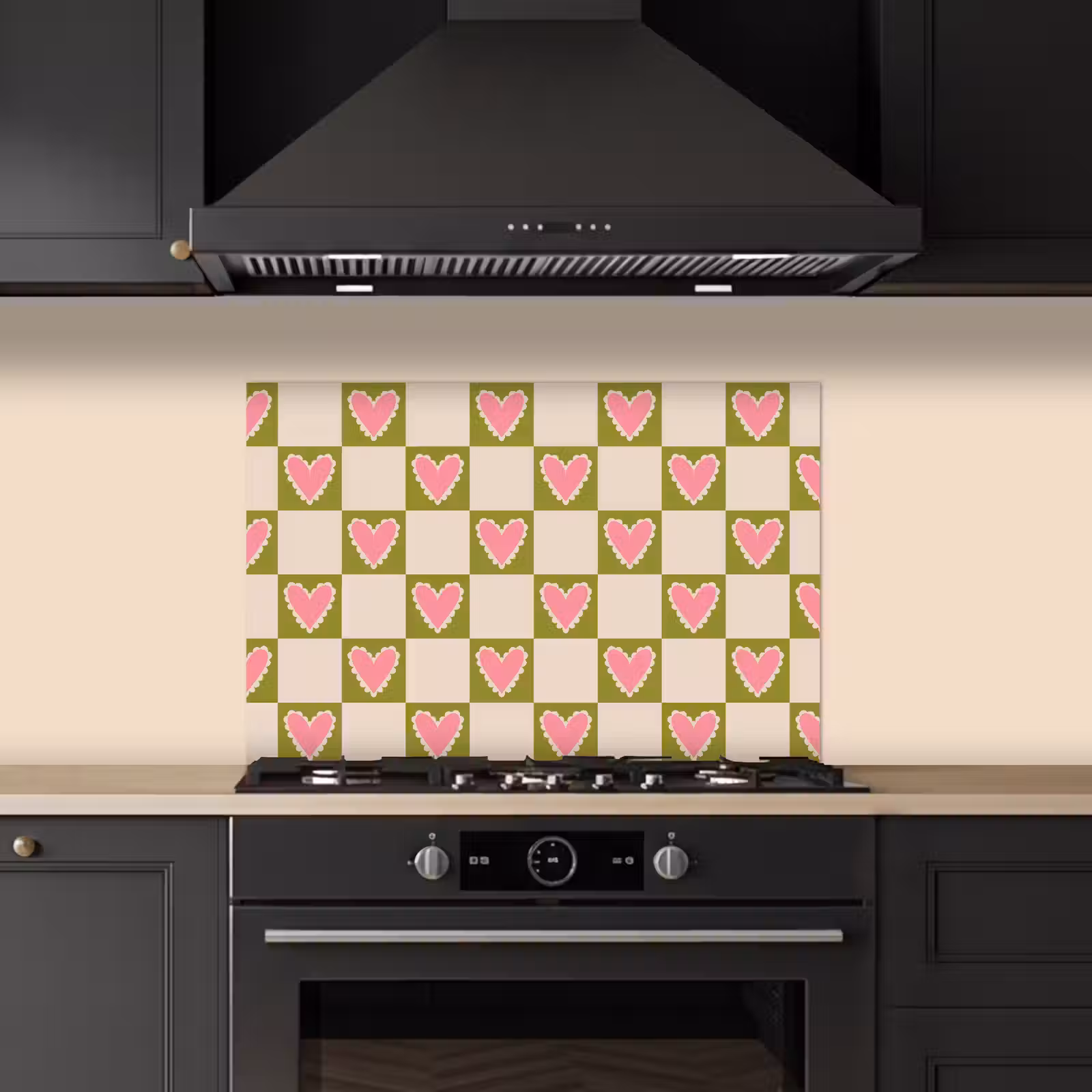 Spatscherm keuken - Olijfgroen - Hartjes - Patroon - Retro — 1