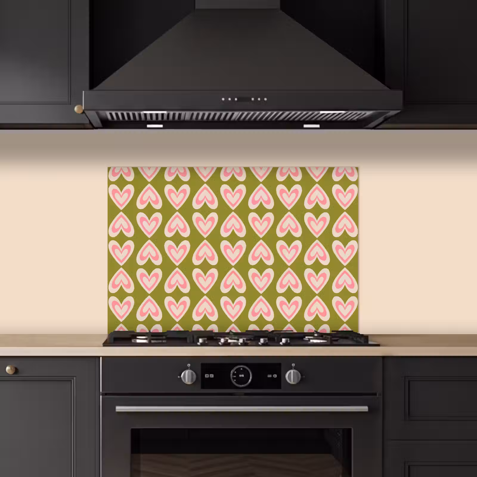Spatscherm keuken - Patroon - Symmetrisch - Hartjes - Olijfgroen — 1