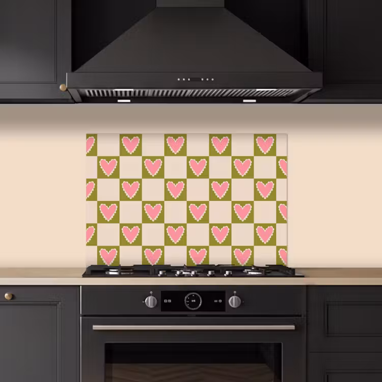 Spatscherm keuken - Olijfgroen - Hartjes - Patroon - Retro — 1