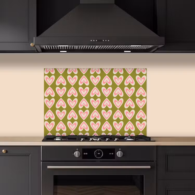 Spatscherm keuken - Patroon - Symmetrisch - Hartjes - Olijfgroen — 1