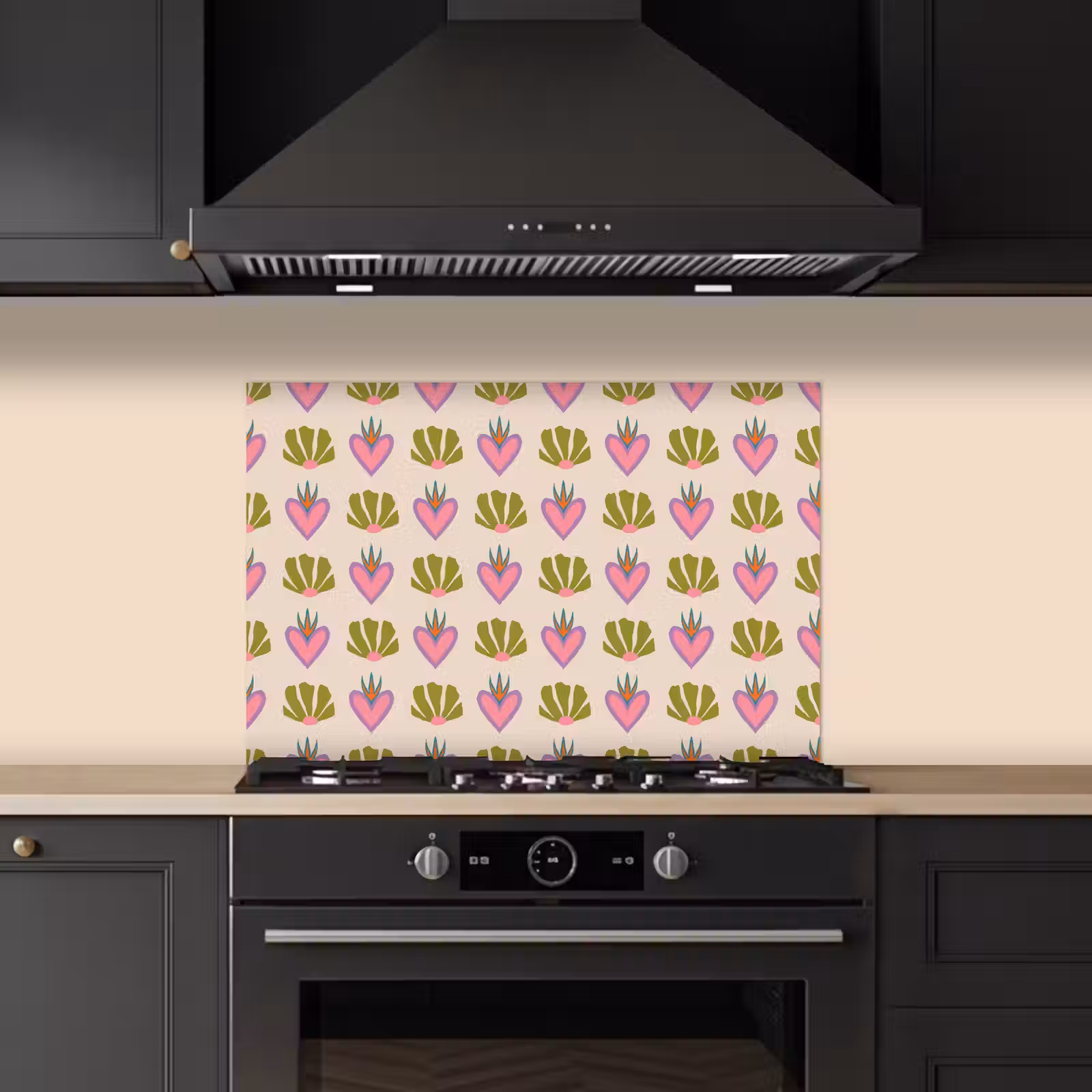 Spatscherm keuken - Patroon - Beige - Hartjes - Bloemen — 1