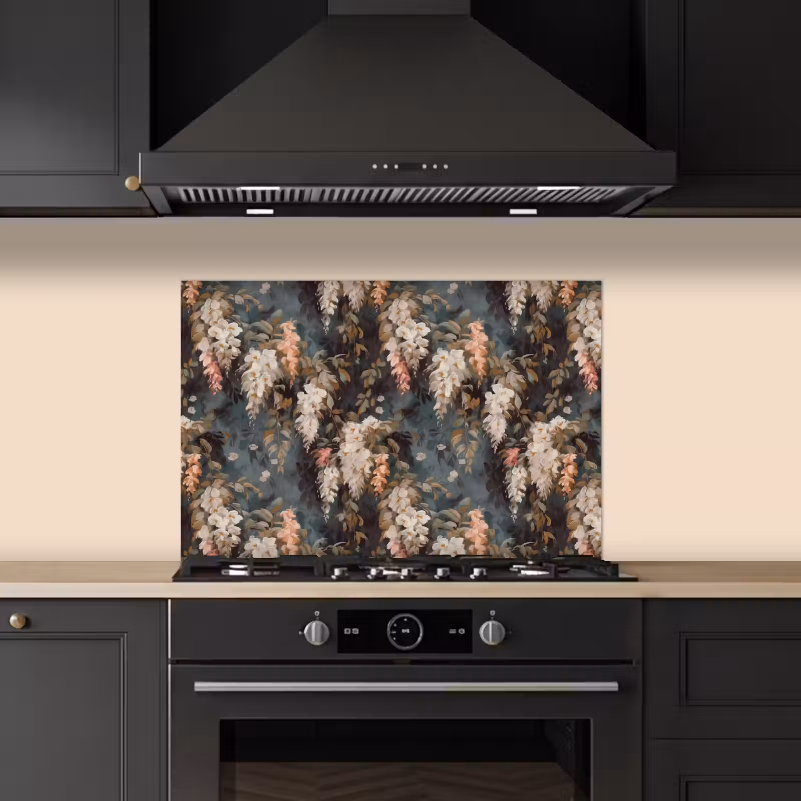 Spatscherm keuken - Bloemen - Bladeren - Donker - Patroon — 1