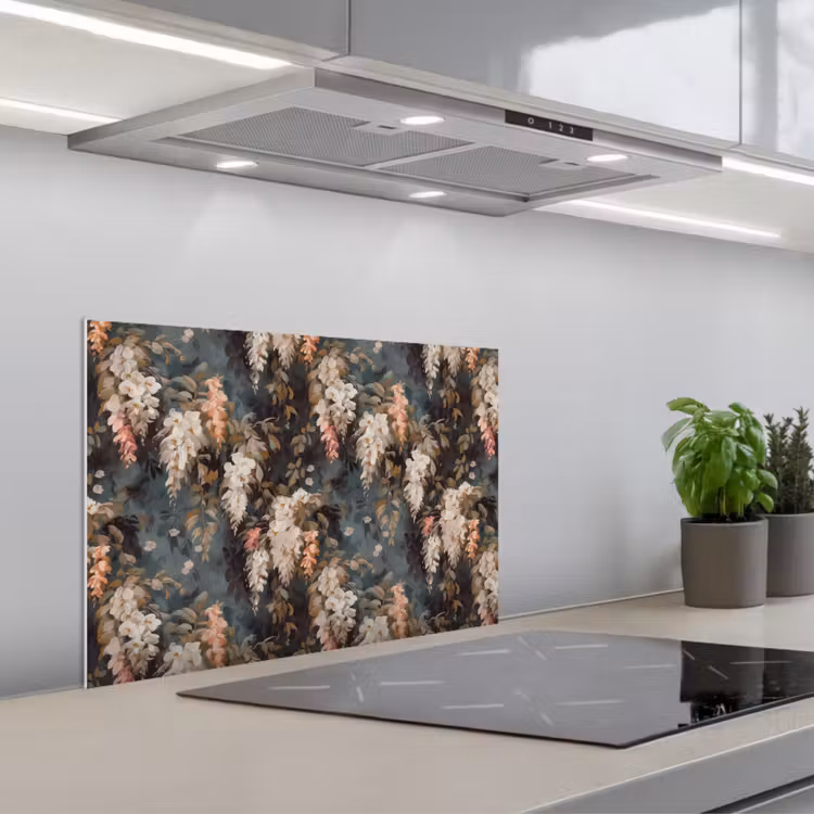 Spatscherm keuken - Bloemen - Bladeren - Donker - Patroon — 4