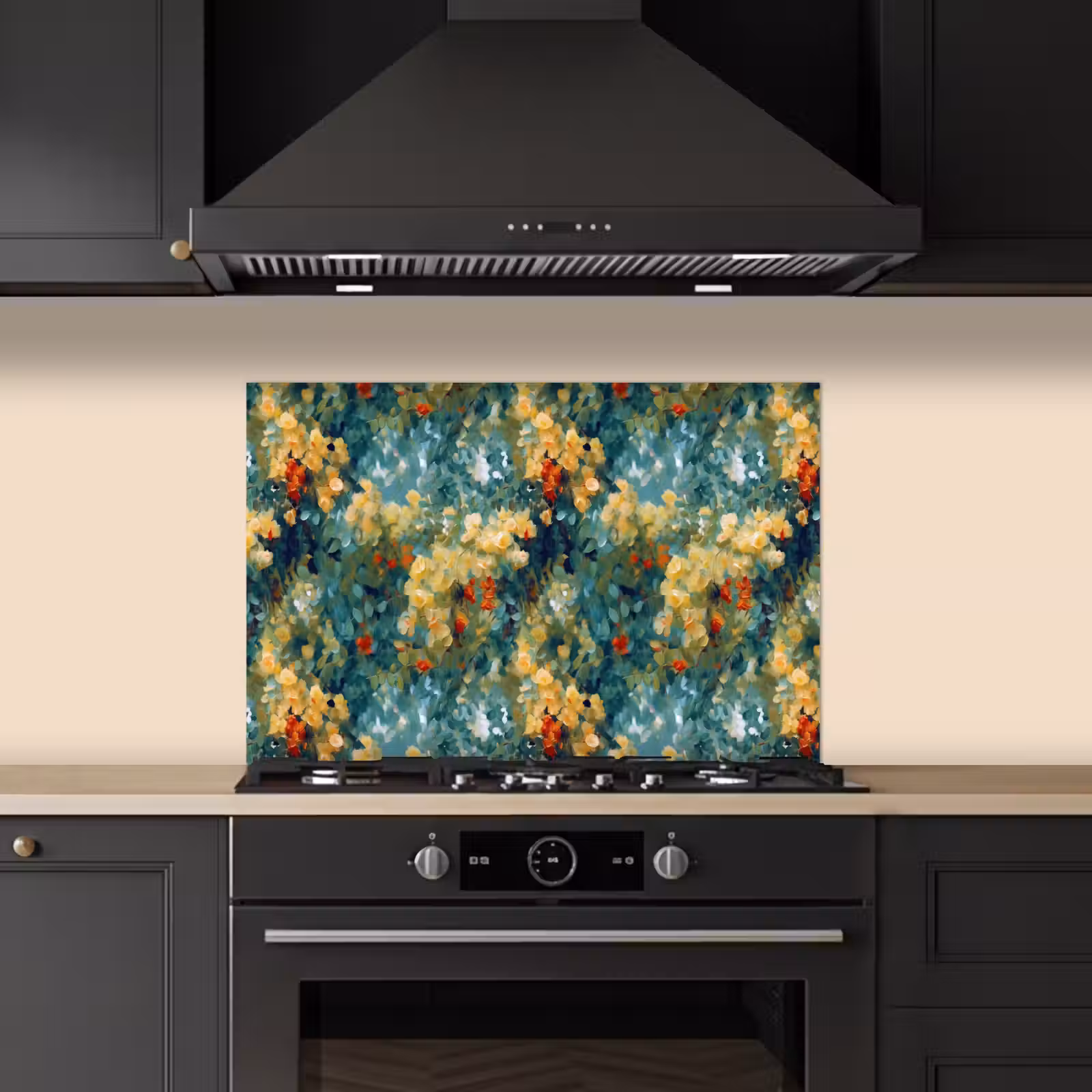 Spatscherm keuken - Geel - Bloemen - Groen - Bladeren — 1