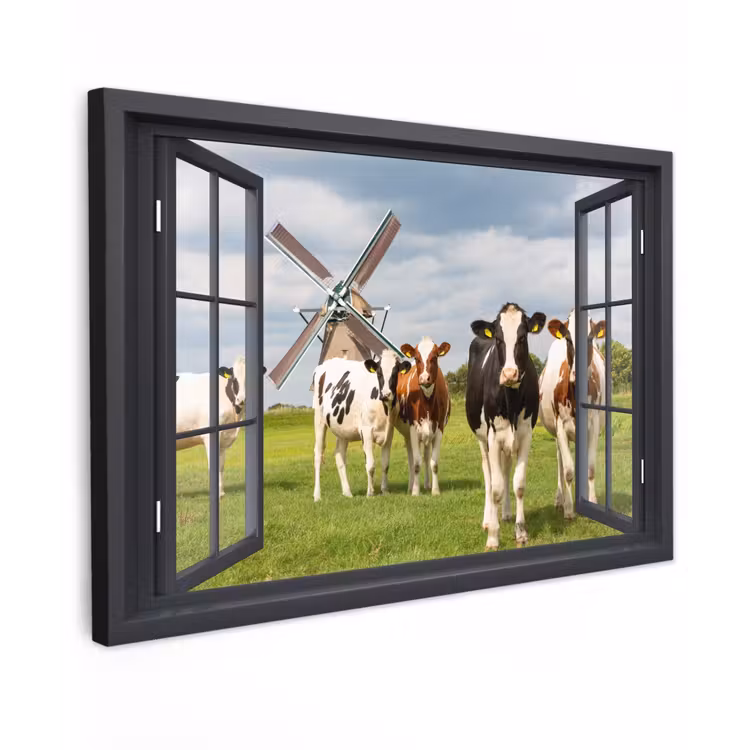 Buiten canvas - Uitzicht op Koeien en Windmolen — 1