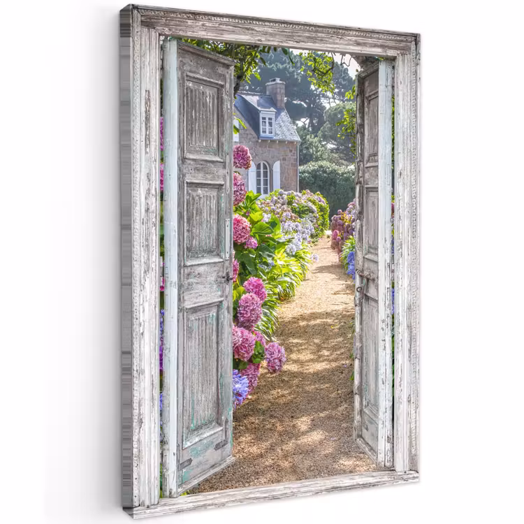 Buiten canvas - Deur naar een bloementuin