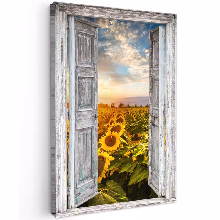 Buiten canvas - Oude deuren naar zonnebloemveld