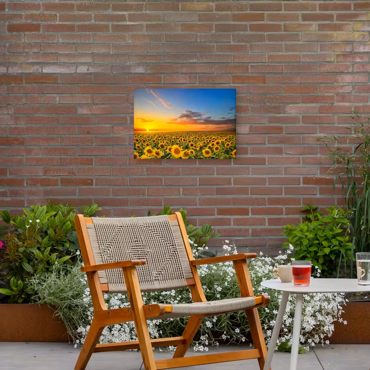 Buiten canvas - Uitgestrekt zonnebloemveld bij zonsondergang — 2