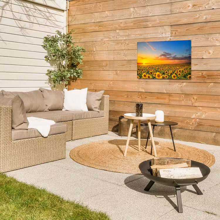Buiten canvas - Uitgestrekt zonnebloemveld bij zonsondergang — 5
