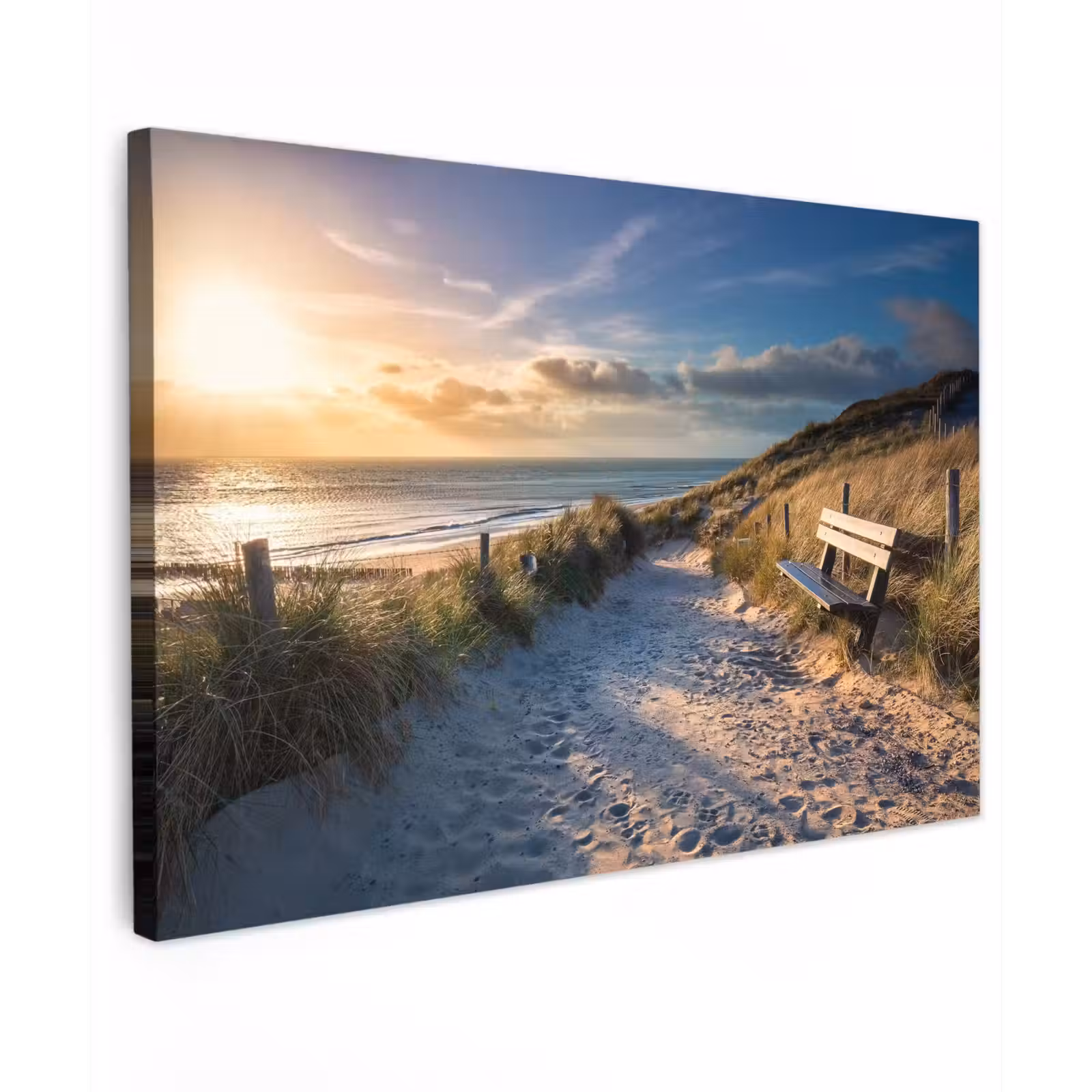 Buiten canvas - Strandpad met Bankje bij Zonsondergang — 1