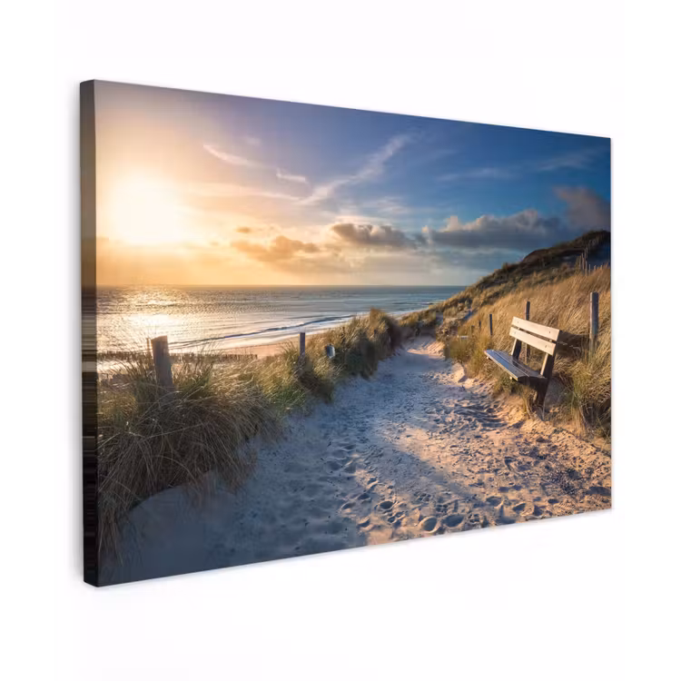 Buiten canvas - Strandpad met Bankje bij Zonsondergang — 1