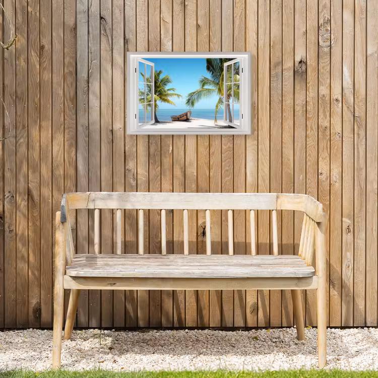 Buiten canvas - Doorkijk - Strand - Palmboom - Boot - Tropisch - Zee - Blauw — 3