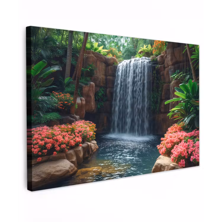 Buiten canvas - Waterval in Bloeiende Tropische Tuin — 1