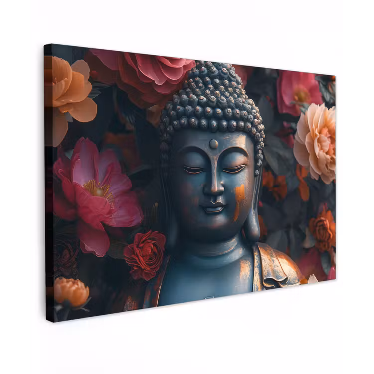 Buiten canvas - Boeddhabeeld omgeven door bloemen — 1