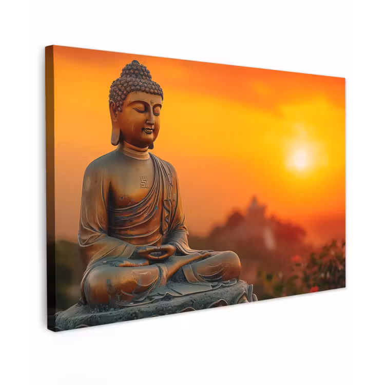 Buiten canvas - Mediterende Boeddha bij zonsondergang — 1