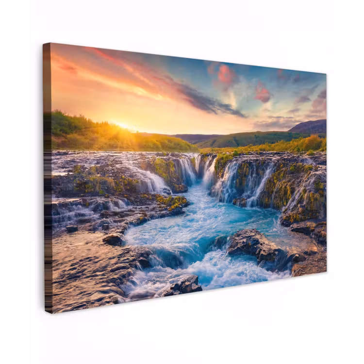 Buiten canvas - Waterval - Planten - Mos - Landschap - Zonsondergang - Rots — 1