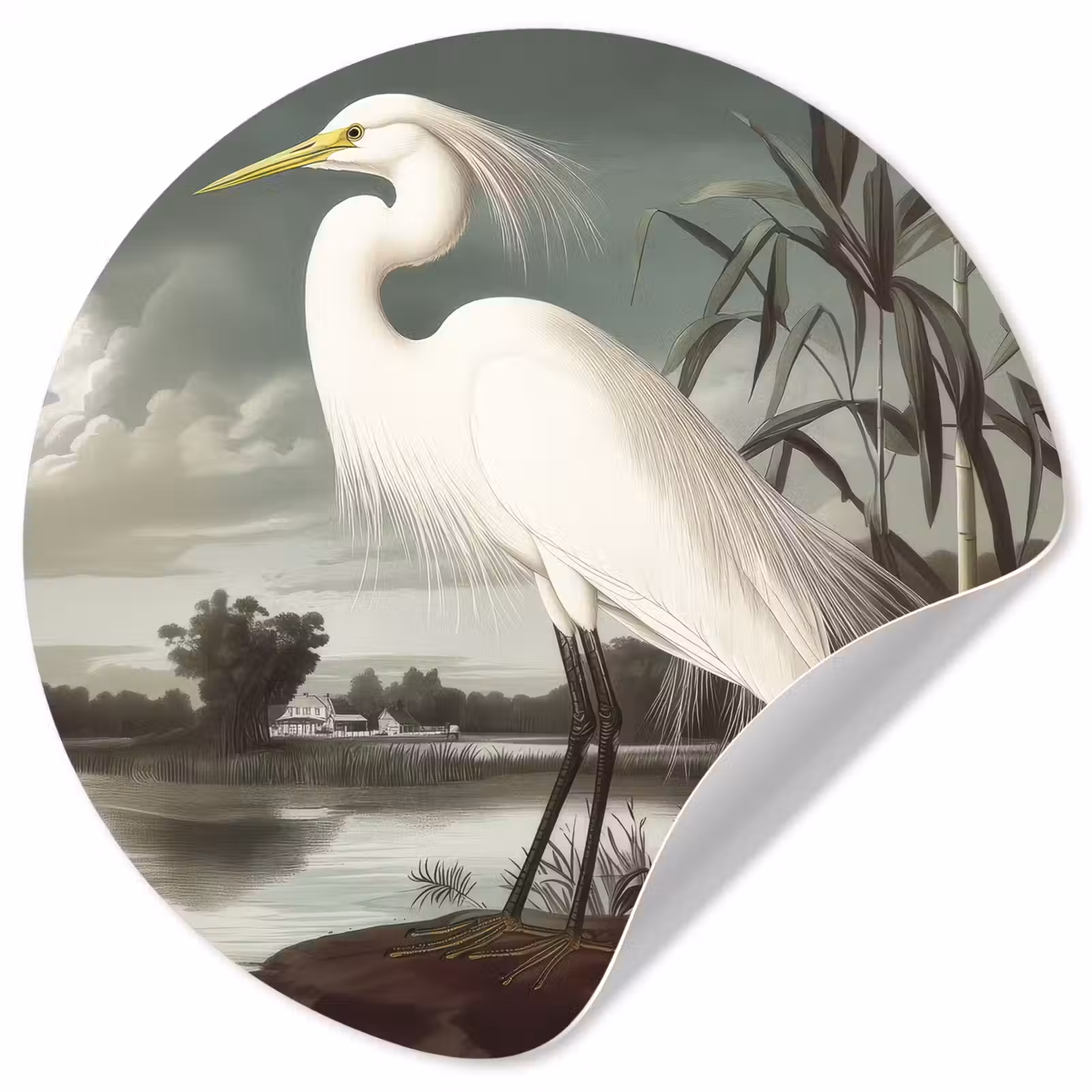 Behangcirkel - Reiger - Planten - Wolken - Wit — 1