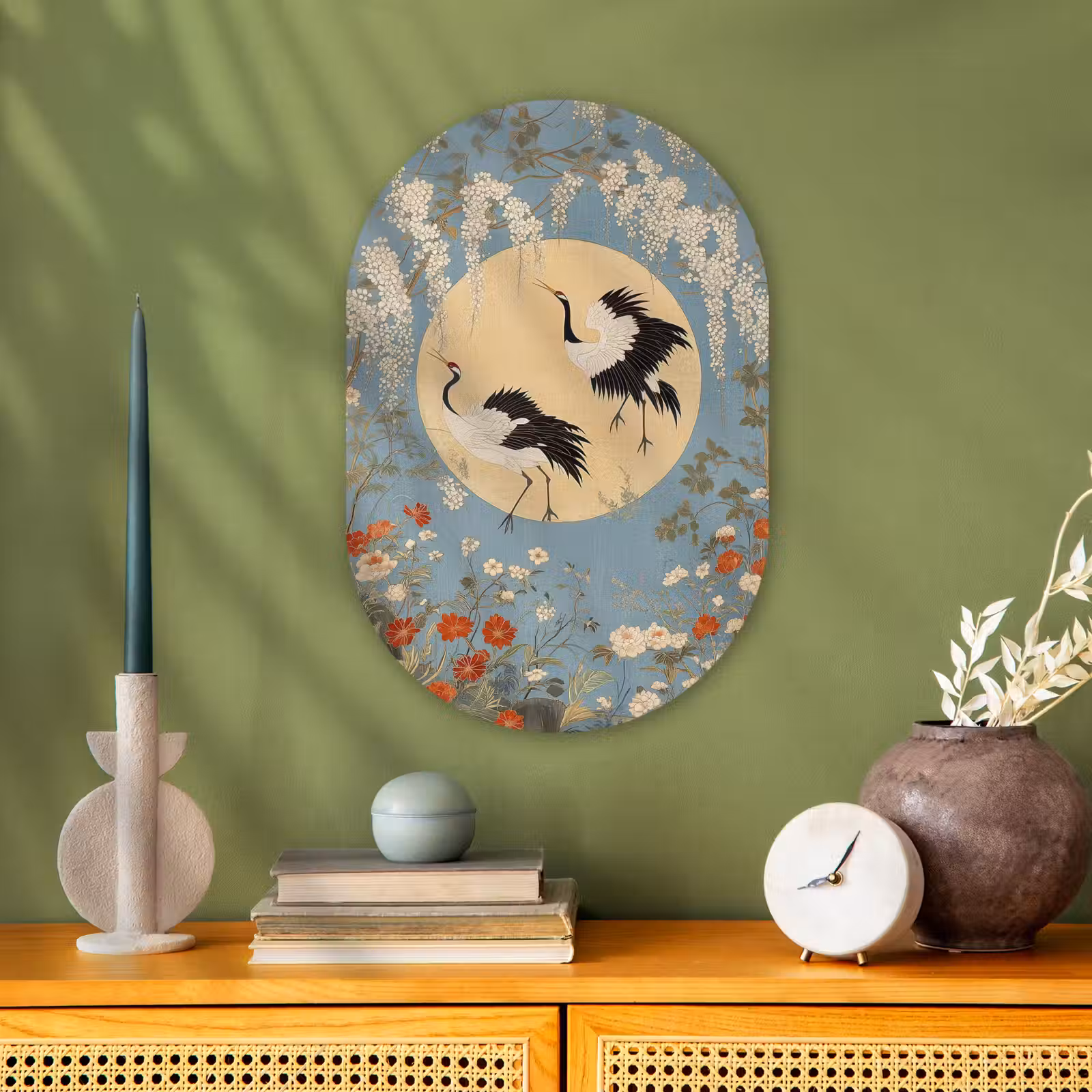 Muurovaal - Kraanvogels - Maan - Bloemen - Blauw — 1