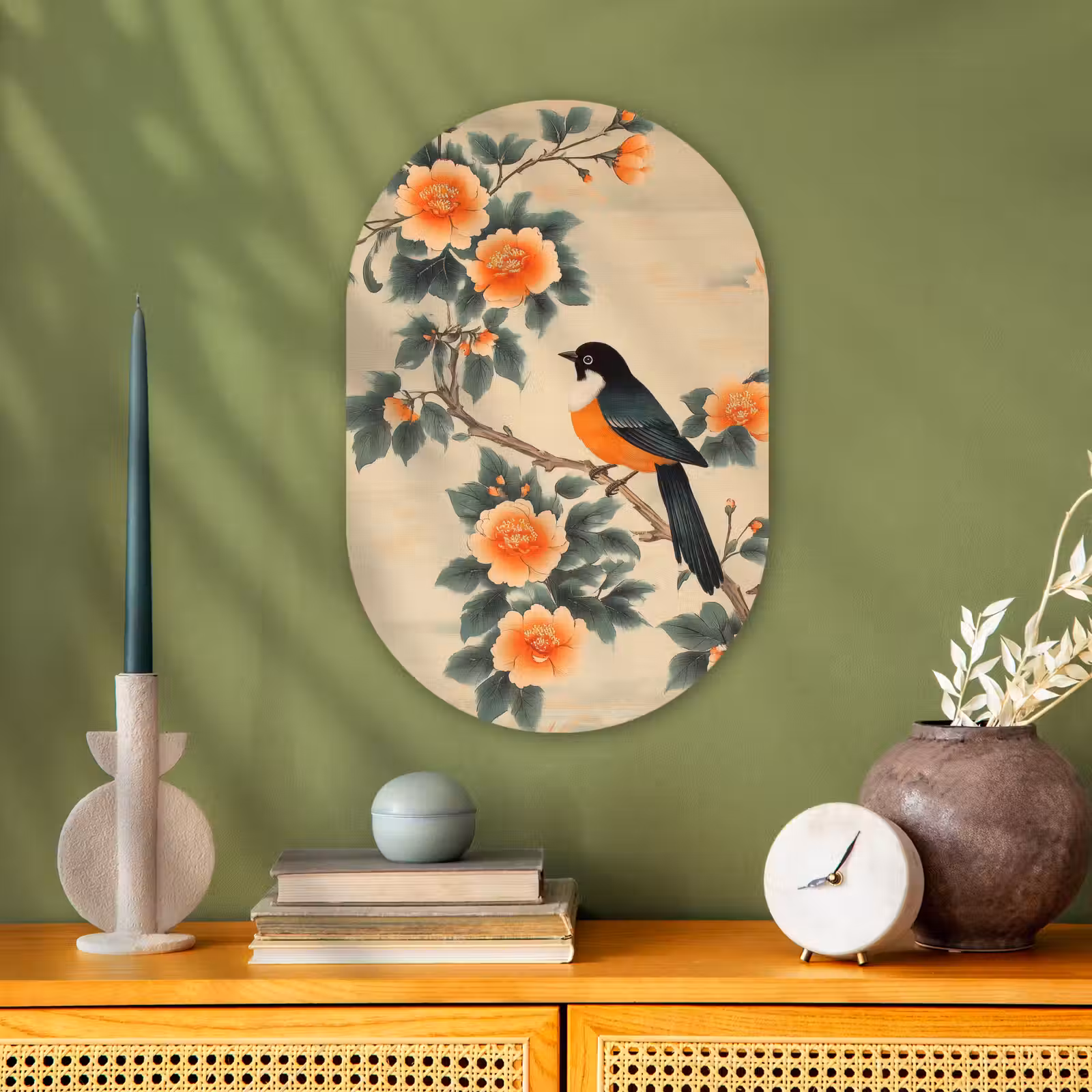 Muurovaal - Vogel - Tak - Bloemen - Oranje — 1