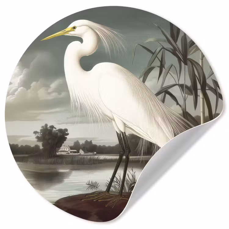 Behangcirkel - Reiger - Planten - Wolken - Wit — 1