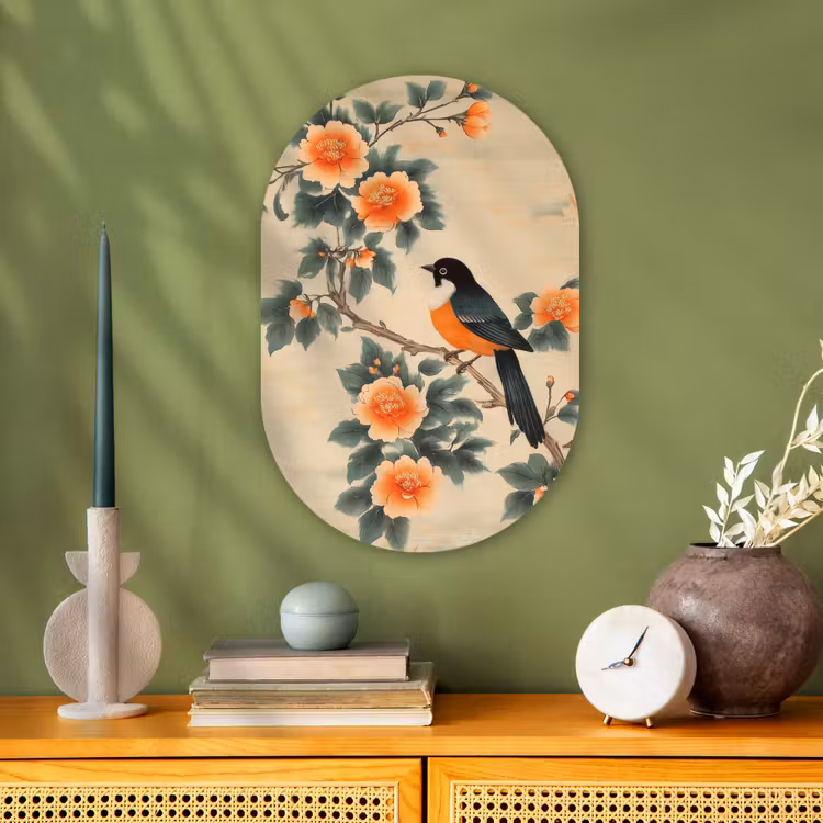 Muurovaal - Vogel - Tak - Bloemen - Oranje — 1