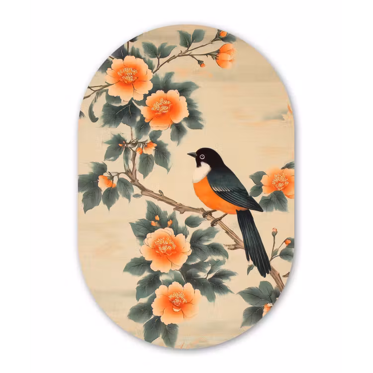 Muurovaal - Vogel - Tak - Bloemen - Oranje — 2