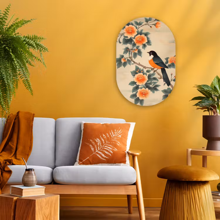 Muurovaal - Vogel - Tak - Bloemen - Oranje — 3