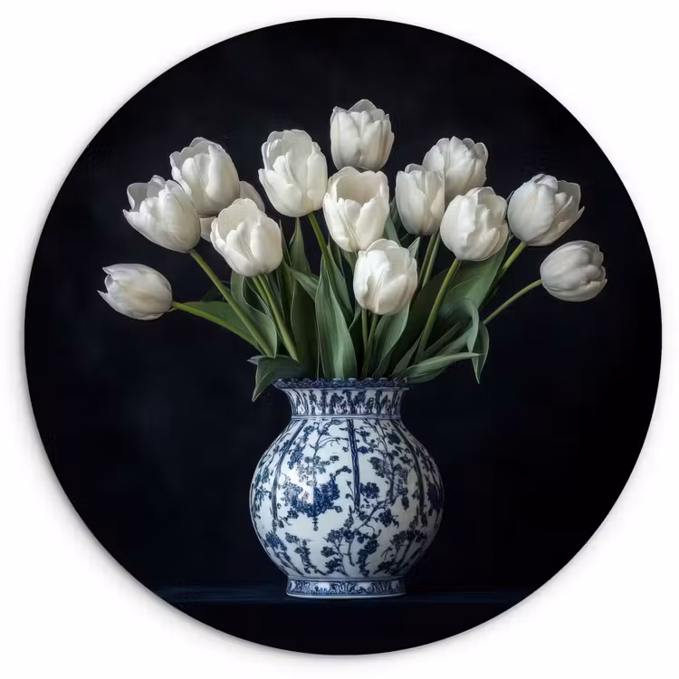 Muurcirkel - Witte Tulpen in Delfts Blauwe Vaas