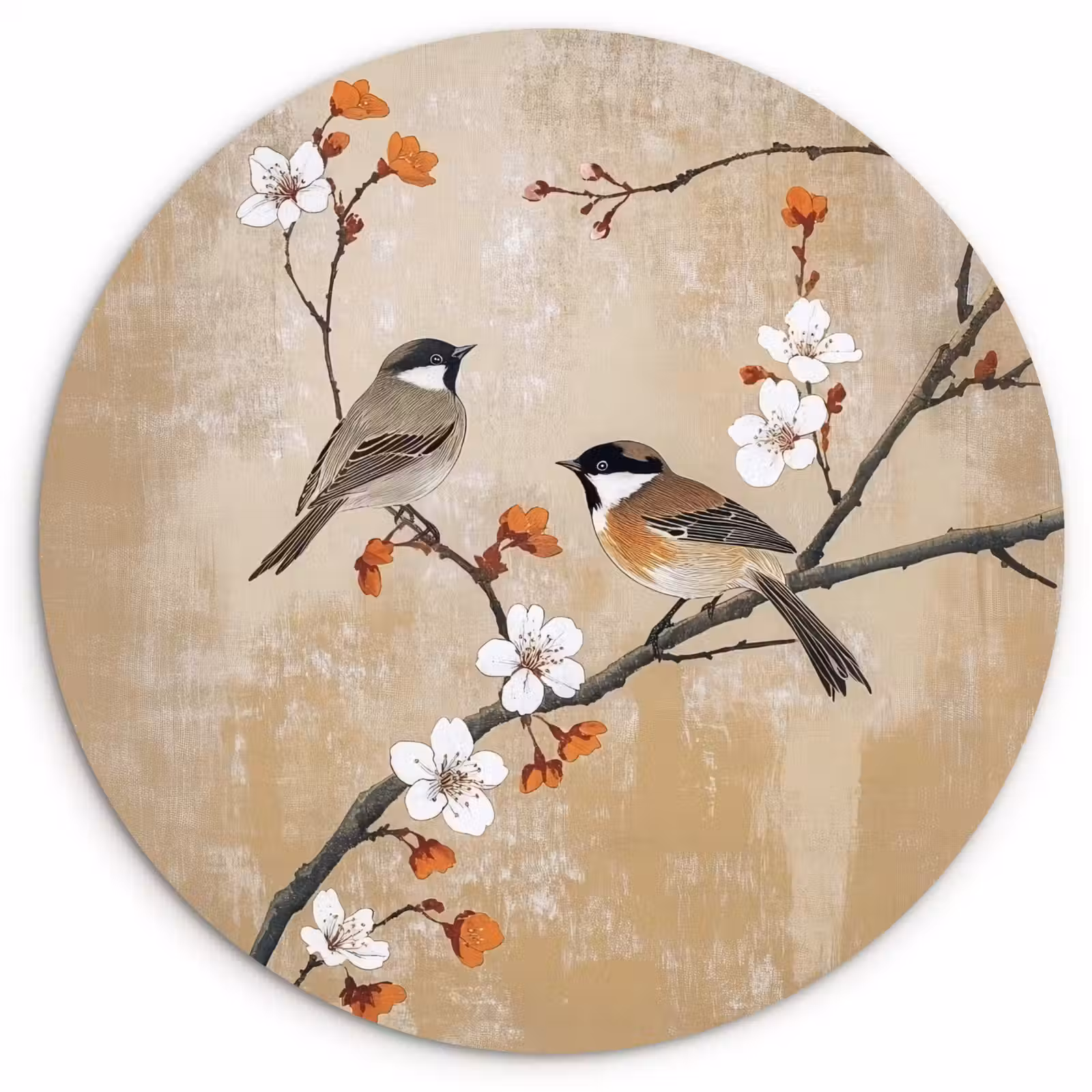 Muurcirkel - Vogels - Bloesemtak - Bloemen - Oranje — 1